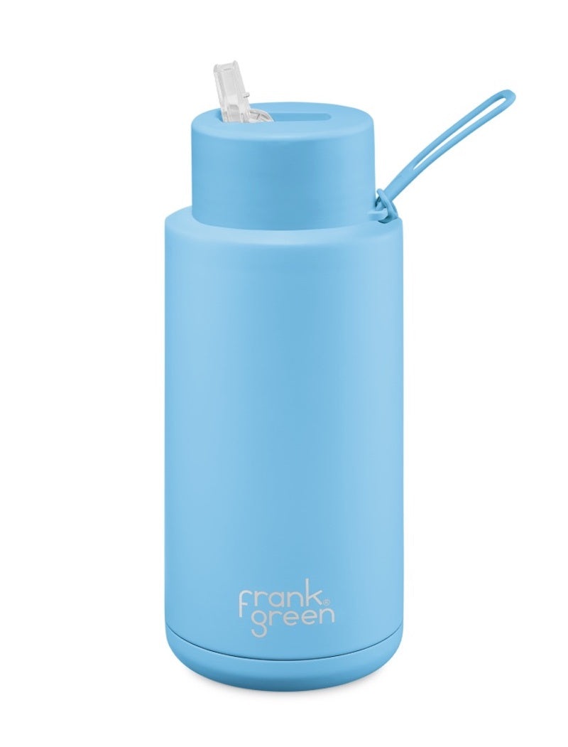 Frank Green Stainless Steel Ceramic Reusable Bottle 34oz Sky Blue with Straw Top