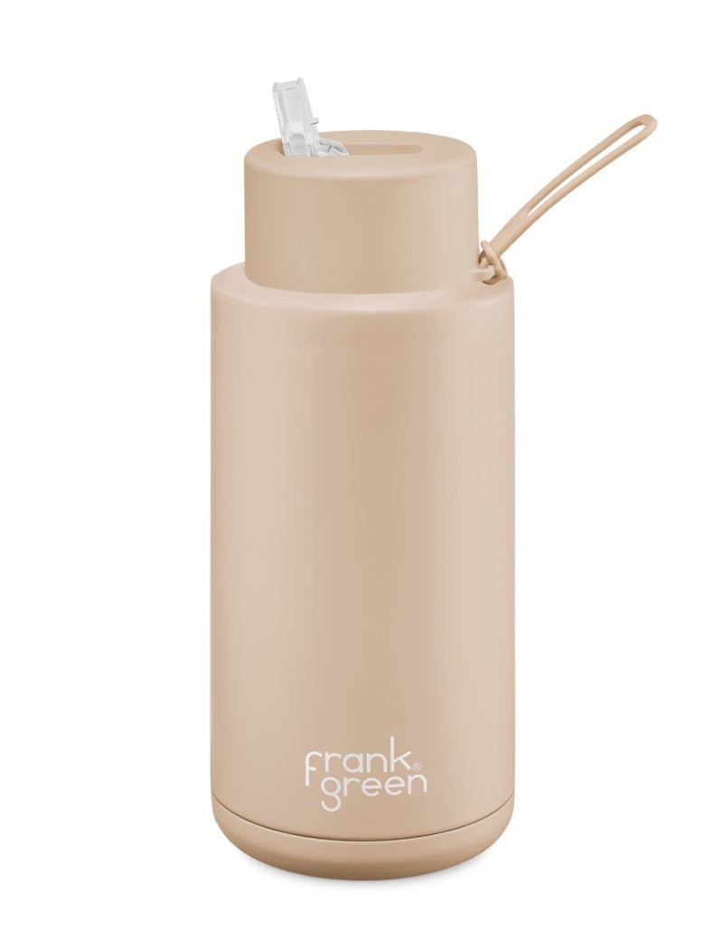 Frank Green Stainless Steel Ceramic Reusable Bottle 34oz Soft Stone with Straw Top