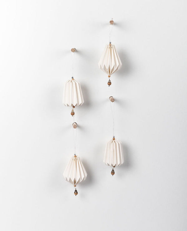 Papaya Jasper Hanging Paper Bell Decorations w/bead Set of 4 White