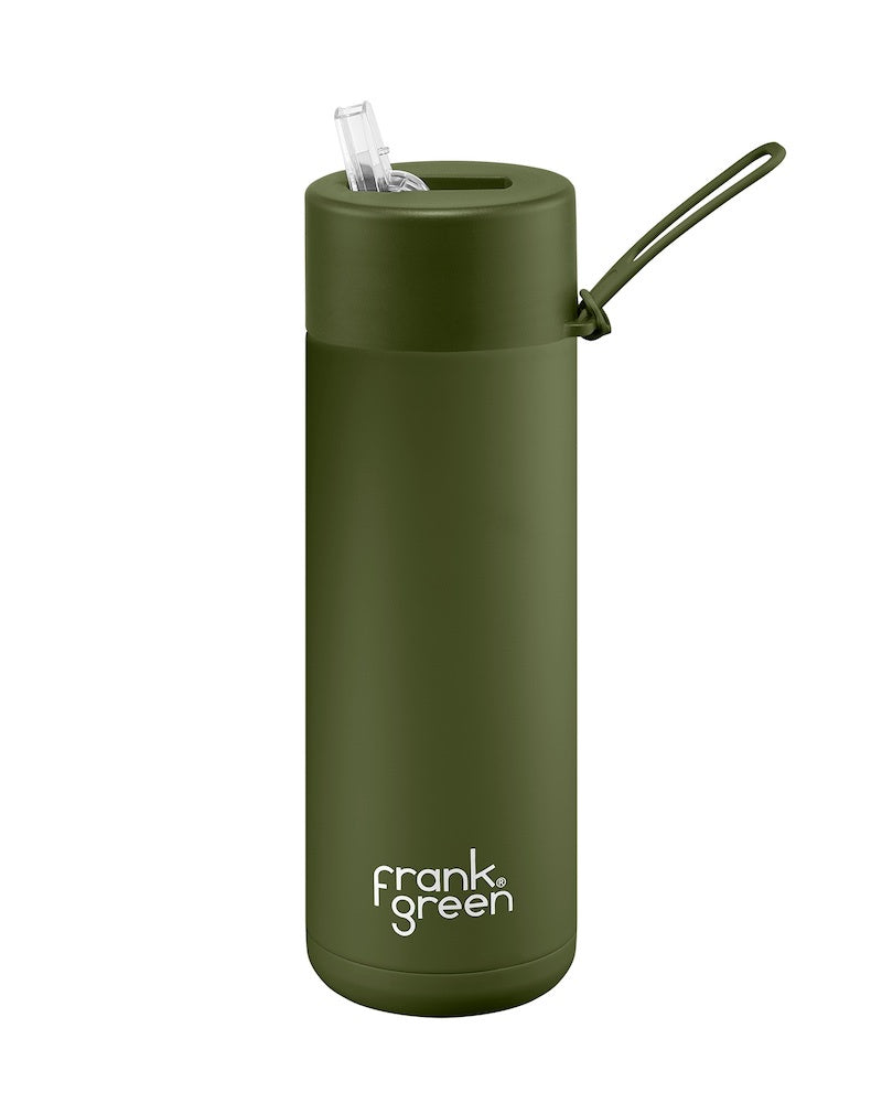 Frank Green Stainless Steel Ceramic Reusable Bottle 20oz Khaki with Straw Top